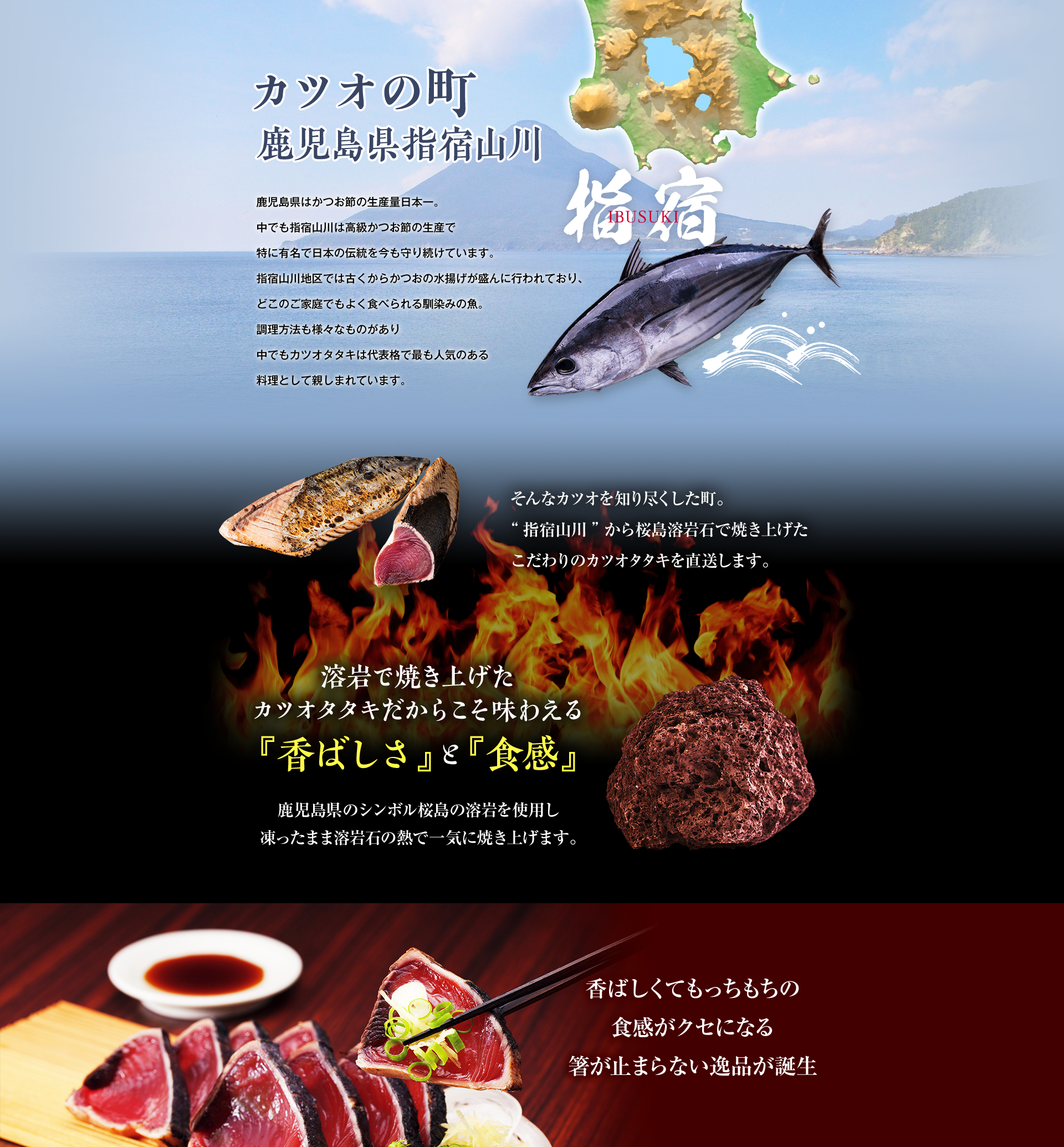 カツオの町鹿児島県指宿山川 溶岩で焼き上げた カツオタタキだからこそ味わえる 『香ばしさ』と『食感』 香ばしくてもっちもちの 食感がクセになる 箸が止まらない逸品が誕生