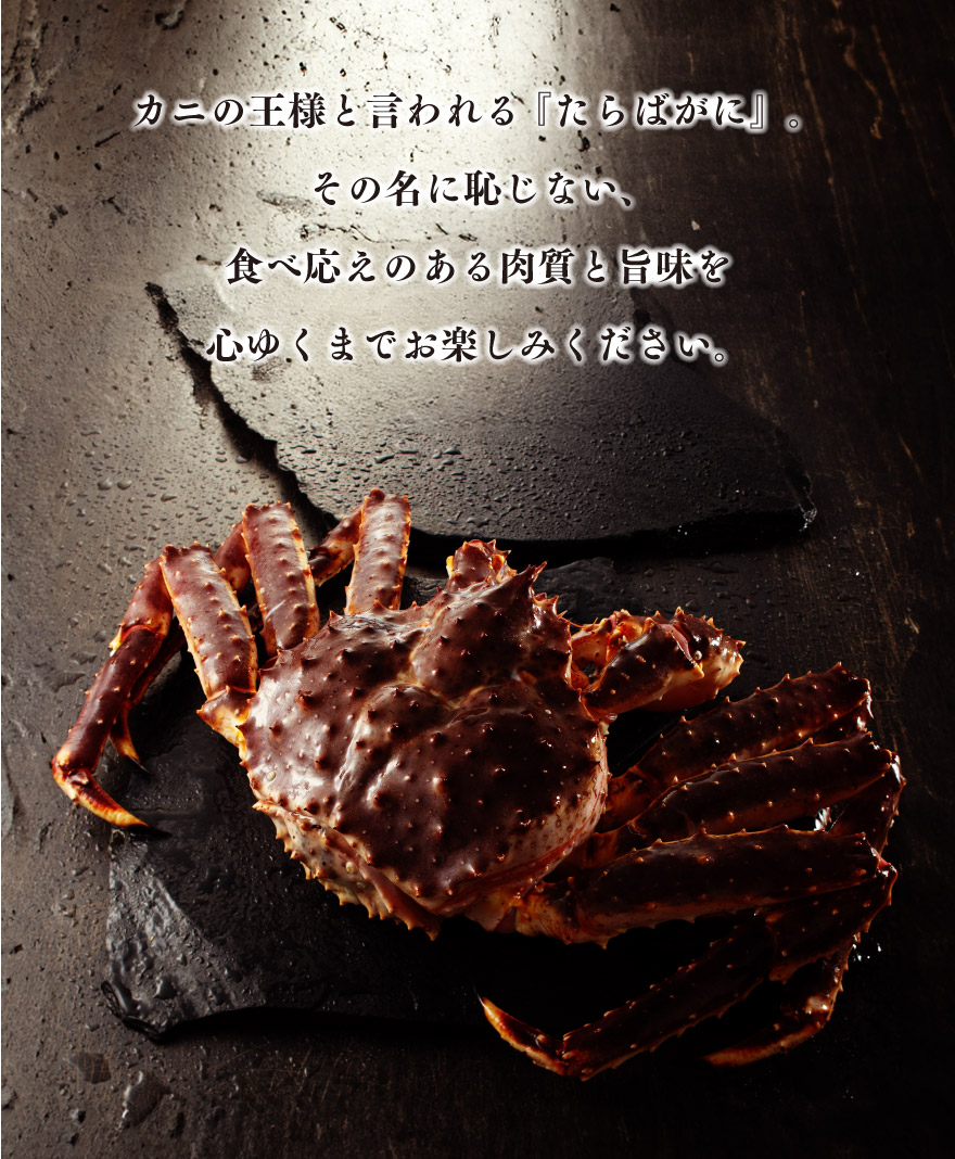 カニの王様と呼ばれる「たらばがに」その名に恥じない食べ応えある肉質と旨味を心ゆくまでお楽しみください。